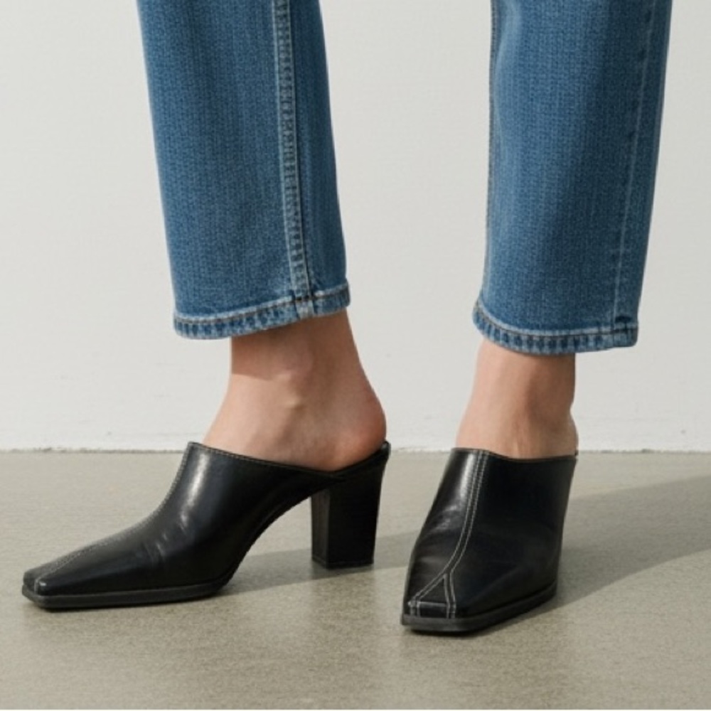 FRANCO SARTO (9) Leather Block Heel Mule Black Stitching Square Toe - Size 9